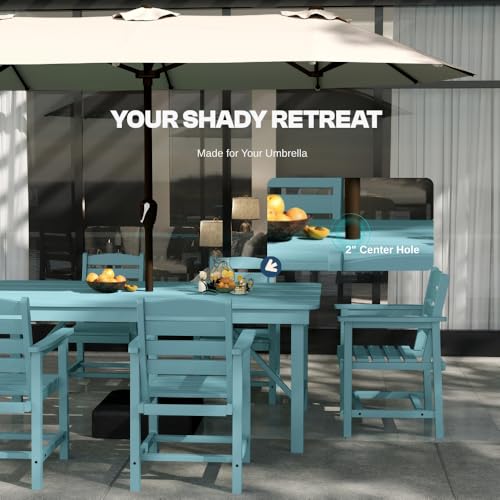 Outdoor HDPE Dining Set 7 Pieces, Patio Table with Umbrella Hole and 6 Chairs, All Weather Patio Furniture for Lawn, Garden, Backyard, Deck, Poolside, Outdoor Dining Table and Chairs, Aruba Blue - color: Aruba Blue, size: 7-Piece (1 Table + 6 Chairs)