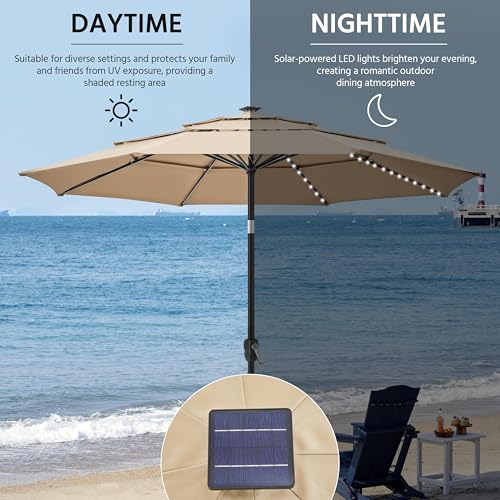 Yaheetech 10ft 3-Tier Solar Patio Umbrella, Outdoor Market Umbrella w/ 24 LED Lights, 8 Sturdy Ribs, Tilt Adjustment, Easy Crank for Garden, Deck, Tan - color: Tan
