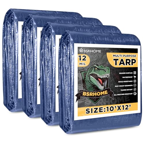 Tarps Waterproof 10x12 Feet, 4 Pack Heavy Duty Blue Tarp Cover 12 Mil Thick, Resistant Plastic Tarpaulin with Metal Grommets, Outdoor Tarp Cover for Car,Trailer - color: Blue-12mil, size: 10'x12' 4pk