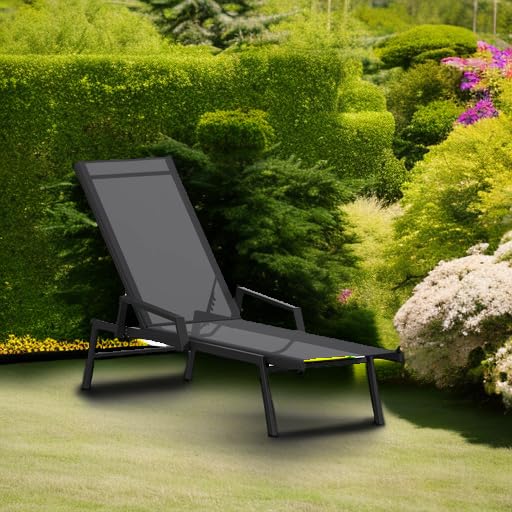 Flash Furniture Brazos Adjustable Chaise Lounge Chair with Arms, All-Weather Outdoor Five-Position Recliner, Black/Black - color: Black/Black, size: Set of 1