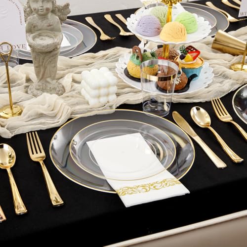 Supernal 350PCS Clear and Gold Plastic Dinnerware Set Include Clear Disposable Plates, Gold Plastic Silverware Heavy Duty, Cups and Napkins for Birthday, Weddings, Parties - color: 350pcs Clear Plastic Plates with Gold Rim