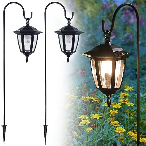 Dynaming 2 Pack Solar Hanging Lights Outdoor, Solar Powered Garden Decorative Lanterns with 2 x 38 Inch Shepherd Hooks, Waterproof Landscape Lighting for Lawn Patio Yard Pathway Driveway, Warm White - size: 2 Pack