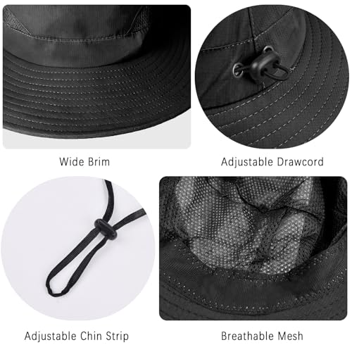 ZOORON Sun Hats for Men Women, Wide Brim Safari Hats UV Protection UPF50+ Waterproof Boonie Hats for Fishing Hiking Camping - color: 2pack-black+light Gray