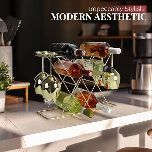 Gusto Nostro Countertop Wine Rack with Glass Holder for 8 Bottles & 4 Glasses - Tabletop Modern Small Wine Rack for Home Kitchen Cabinet Wine Cellar Storage - No Assembly Wine Bottle Holder (Gold) - color: Gold, size: 8 Bottles