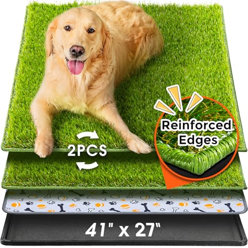 Hompet Dog Grass Pad with Tray Large, 41"x27", 2 Reusable Artificial Turf for Dogs Potty, Waterproof Non-Slip Washable Pee Pads, Quickly Absorbency Portable Dog Litter Box for Indoor/Outdoor Use - size: 41 x 27"