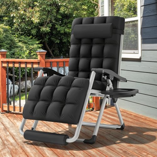 MoNiBloom 29-Inch Oversized Zero Gravity Lounge Chair with Cushion, Padded Patio Anti Gravity Recliner, XL Foldable Outdoor Lounger, Headrest and Footrest for Beach Camping, Black - color: Black, size: 29-Inch with Footrest 1-Pack