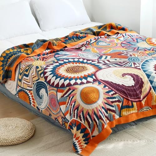 Boho Throw Blanket for Bed 100% Cotton Bohemian Blankets Ultra Soft Woven Muslin Decorative Blankets All Seasons Vintage Quilt Knitted Blanket for Sofa Chair (Colorful, 50"x60") - color: K-colorful World, size: 50"x60"