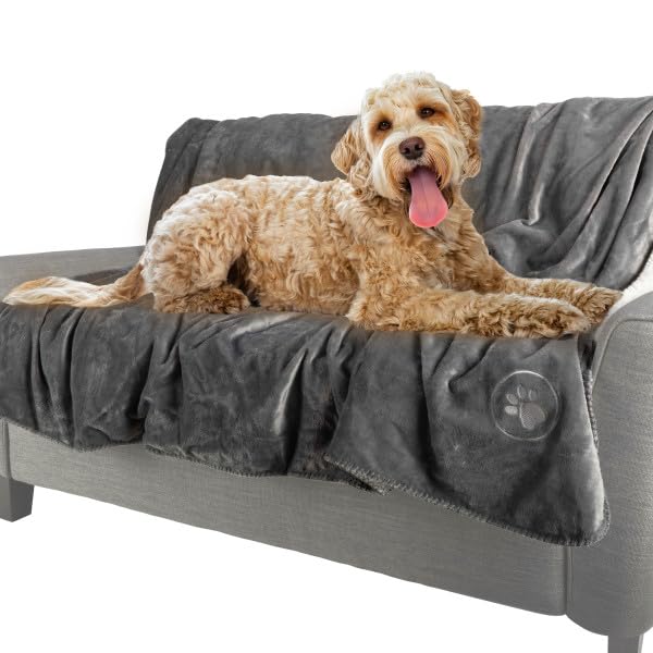 Waterproof Reversible Dog Blanket 60x70 Inches for Couch Bed Car – Soft Sherpa Fleece Pet Throw Furniture Protector Cover - Washable Pet Blanket for Dogs Cats Home Décor by PETMAKER (Gray) - color: Gray, size: Medium