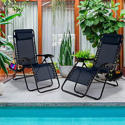 Goplus Zero Gravity Lounge Chairs, 160°Adjustable Folding Recliner w/Pillow and Cup Holder, 350LBS Comfy Outdoor Lounge Chairs for Patio, Lawn, Yard & Camp(Set of 2, Navy) - color: Navy, size: 35.4" x 25.2" x 43.3" (Set of 2)