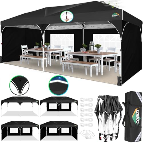 COBIZI 10x20 Pop up Canopy Tent with 4 Sidewalls Outdoor Canopy Tent for Party with Push Center Lock & Air Vent, 2000mm+Waterproof Gazebo Canopy UPF 50+with 4 Sandbags,12 Stakes & 6 Ropes,Black - color: Black, size: 10x20ft With 4 Sidewalls
