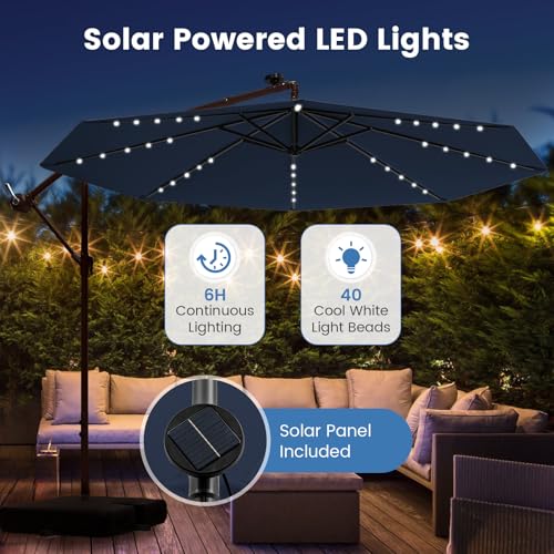Tangkula 10FT Offset Patio Umbrella with Base Included, Outdoor Cantilever Umbrella with 40 Solar LED Lights, Tilt Adjustment, Crank Handle, Vented Top, Sand Bags for Pool Yard Deck (Navy) - color: Navy