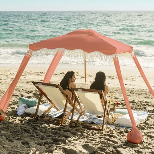 AMMSUN Beach Cabana with Fringe, 7' x 7' Boho Beach Canopy with Tassels, Easy Set up & Premium Wood Pole, Cabana Tent with Sand Pockets, Instant Sun Shade for Sand, Garden, Patio, Coral Pink - color: Coral Pink