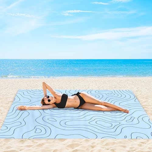 110''×118'' Beach Blanket for 2-8 Adults, Polyester Waterproof Sandproof Beach Mat with 4 Stakes & Storage Bag, Oversized Compact Foldable Blue Outdoor Pocket Blanket for Picnic, Travel, Camping - color: Blue Terrain, size: 9x10 FT (1～8 person)