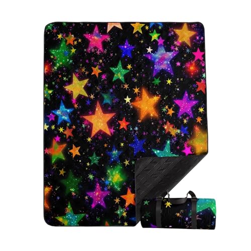 Outdoor Picnic Blanket Portable Ultrasonic Waterproof Picnic Cartoon Stars Colorful Printed Camping Beach Mat for Sand and Wet Grass Hiking (Colorful Stars-2 S - color: Colorful Stars-2, size: Standard - 59"x78"