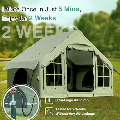 KNUO Inflatable Camping Tent, Large Blow-Up Air Tent, No Assembly Needed Luxury Glamping House, Oxford Fabric - color: Field Green-Dual-layer Doors, size: 10x7.2ft