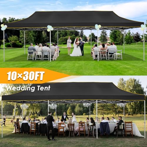 HOTEEL 10x30 Heavy Duty Pop Up Canopy Tent for Parties Event Wedding Commercial Instant Canopy with Wheeled Bag, Party Tent Waterproof UV 50+&Windproof, Upgraded Thick Hexagonal Legs, Black - color: Black, size: 10x30FT (No Walls)