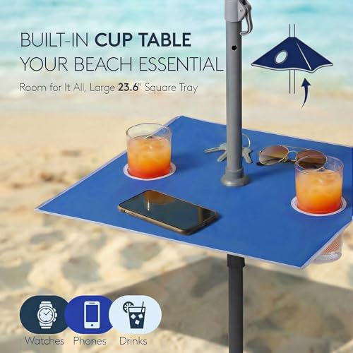 PASAMIC 7ft Beach Umbrella for Sand Featuring a 23'' Built-in Table with Sand Anchor & Tilt, UPF 50+ Protection Beach Umbrellas for Heavy Duty Wind Portable with Carry Bag and Hook, Dark Blue - color: Dark Blue, size: 7FT with Table