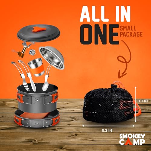 Smokey Camp Camping Cookware Mess Kit Set with Stove - Backpacking Camping Pots and Pans Set, All in One Non-Stick Camping Cooking Set, Portable Stove, Hiking, Picnic, Outdoor & Camping Cookware Set - style: 1.2 Liter Pot