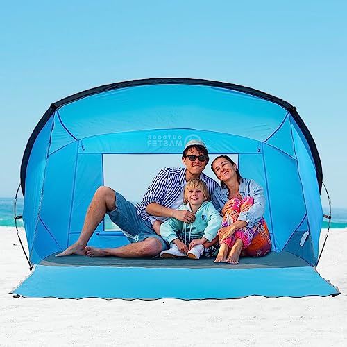 OutdoorMaster Beach Tent Sun Shelter for 3-4 Person, Pop Up Beach Tent Easy Setup with Sandbags, Portable Sun Shade Canopy with Carrying Bag for Beach & Outdoor, UPF50+ UV Protection, Family Size - color: Blue, size: Compact Travel Size