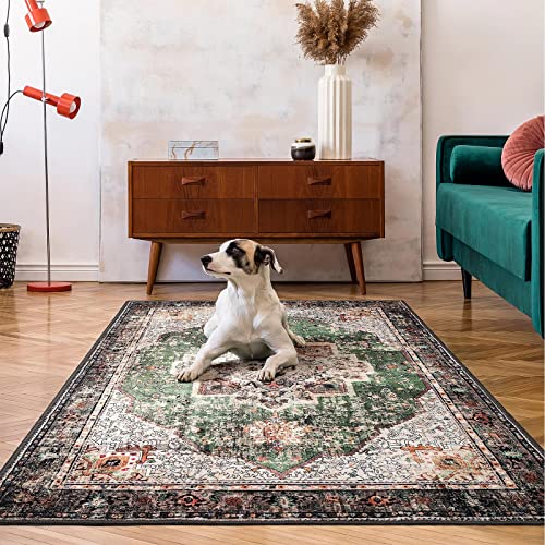Boho Area Rug 3x5 Green Rug Washable Vintage Rug for Kitchen Living Room Bedroom Bathroom Office Low Pile Non Slip Floor Carpet - color: A#green, size: 3' x 5' (Rectangular)