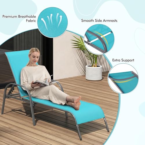 Tangkula Lounge Chair Outdoor, Patio Chaise Lounge with Adjustable Backrest, Reclining Pool Lounge Chair for Outside with Heavy Duty Steel Frame, Suitable for Beach, Yard, Balcony, Poolside - color: Turquoise
