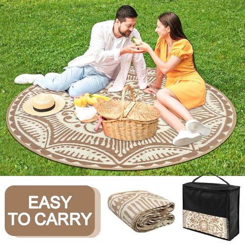 Capslpad 6x6 Floral Outdoor Rug for Patio Clearance Reversible Mat Round Portable Plastic Straw Carpet Waterproof Boho Indoor Outside Area Rugs for RV Camping Picnic Balcony Beach Deck, Light Beige - color: Light Beige, size: 6' (Round)