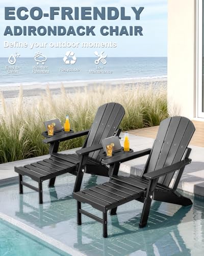 NAVINE Adjustable Adirondack Chair with Retractable Ottoman, HDPE Folding Adirondack Chair with Cup Holder, All Weather Fire Pit Chair for Outdoor. - color: Black, size: 1 pc