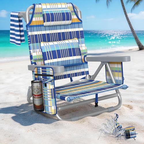 5-Position Backpack Beach Chair for Adults with Lumbar, Foldable Tall Heavy-Duty Beach Chairs with Cooler Bag,Cup Holder,Towel Rack for Beach, Camping, Outdoor (1, RainbowBlue&Orange) - color: Rainbowblue&orange, size: 1 pack