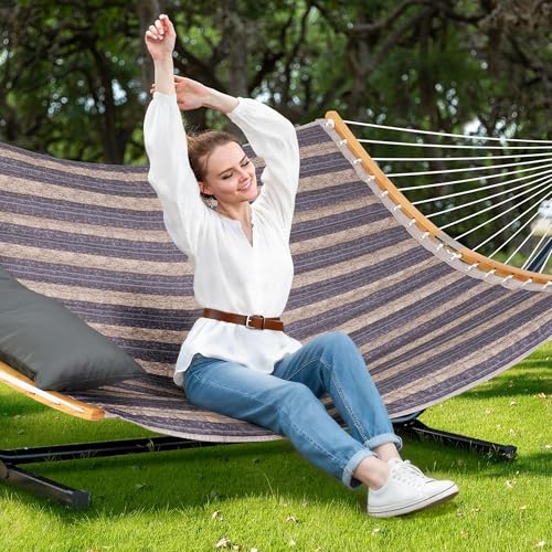 SUNCREAT Hammocks for Outside with Stand Included, Double Hammock with Curved Spreader Bar, Carrying Bag, Gray Stripes - color: Dark Gray Stripes