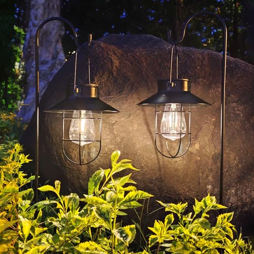 Solar Lantern 2pack Outdoor Hanging Light- Waterproof Vintage Metal Light with Shepherd Hook Decorative for Patio, Backyard, Porch, Yard (Black) - color: Black