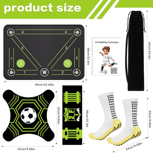 2F22E Soccer Training Mat for Kids & Youth, Non-Slip Silent Footwork Training Equipment with Soccer Bounce Trainer & Socks, Ball Mastery Skills Mat with Instructional Video for Indoor Practice - color: Black-Green