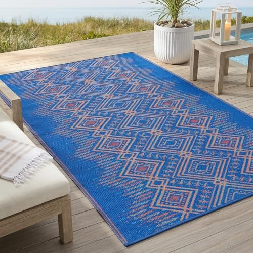 Fab Habitat Boho Southwestern Tribal Outdoor Rug - Waterproof, Crease-Free Fade Resistant, Reversible - Recycled Plastic - Patio Porch Balcony Deck Yard Garden - Jodhpur Multi Blue - 8x10 ft - color: Jodhpur - Blue, size: 8' x 10' (Rectangular)
