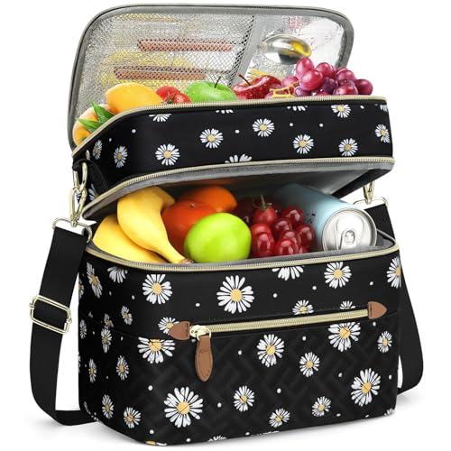 Capolo Lunch Box for Women Men Adults,Double Deck Insulated Lunch Bag Leakproof Lunch Cooler Box with Removable Strap Lunch Tote Bags Reusable Thermal Lunchbox for Work Picnic(Large,Black Flower) - color: Black Flower, size: Large