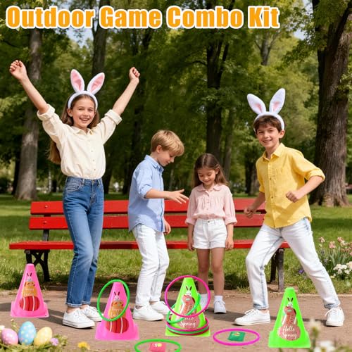 4 in 1 Easter Outdoor Games for Kids and Family, Easter Party Game with Ring Toss, Plastic Cones, Bean Bags, 3-Legged Race Bands, Carnival Spring Games Activities Combo Set for Adult Yard Classroom - color: Easter Green - Sticker