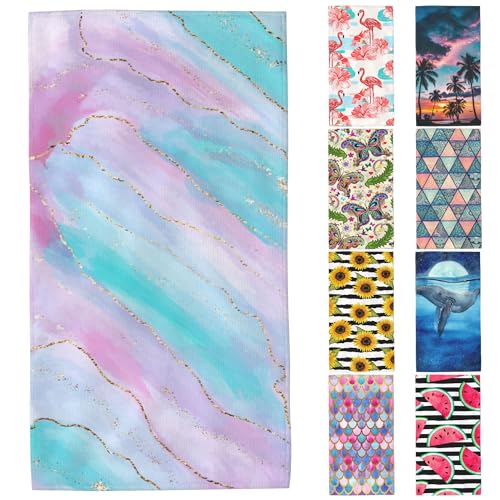 Microfiber Beach Towels,Watercolor Pink Blue Marble with Golden Stripe Oversized Absorbent Bath Towels,Soft Quick Dry Thin Camping Towel for Adults Women Men,29.5"×59" - color: Watercolor Pink Blue Marble With Golden Stripe