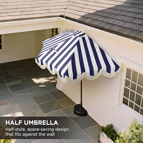 JONATHAN Y Half Umbrella UMB1201I Beverly 9 ft. Designer Classic Scalloped Fringe Market Patio with Crank, Tilt Button and UV Protection in Navy/White, White Pole - color: Navy/White - White Pole