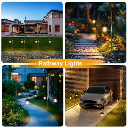 pearlstar 2 Pack Solar Lights Outdoor, Hanging Solar Lanterns with Edison Bulb and 2 x 32 Inch Shepherd Hooks, Waterproof Landscape Lighting for Garden Patio Yard Pathway Driveway Lawn (Black) - style: Black Lanterns