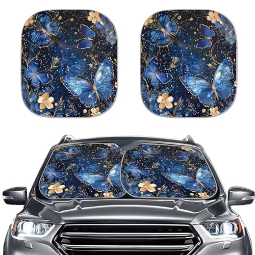 Blue Butterfly Automotive Window Sunshades 2 Piece Foldable Summer Outdoor Sun UV Rays Blocker Sun Visor Auto Protective Accessiors Universal Fit Most Cars - color: Blue Butterfly