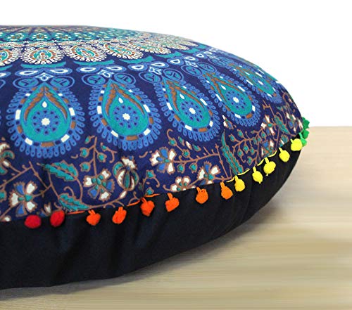 CRAFT KALA 32" Round Mandala Floor Pillow Seating Throw Cover Hippie Decorative Bohemian Ottoman Poufs Pom Pom Pillow Cover Cases Boho Cotton Living Yoga Home Decor, Blue Peacock - color: Blue Peacock