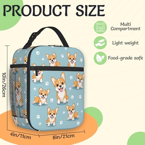 Cute Corgi Dog Reusable Lunch Bag,Blue Paw Prints Insulated Lunch Box with Side Pockets for Girls Boys Women Portable Thermal Cooler Bag for Teens School,Work,Picnic,Beach - color: Cute Corgi Dog