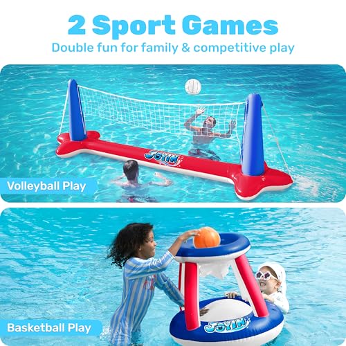 JOYIN Inflatable Pool Float Set Volleyball Net & Basketball Hoops, Balls Included for Kids and Adults Swimming Game Toy, Summer Floaties, Volleyball Court |Basketball,L-Red - color: Red, size: Large