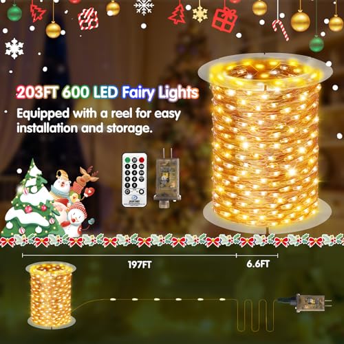 KNONEW 532FT Outdoor Christmas Fairy Lights Plug in,1600 LED String Lights Outdoor Waterproof 8 Modes Memory Times for Wedding Bedroom Walls Garden Trees Decoration(Warm White) - color: Warm White, size: 532FT 1600 LED Copper-colored wire