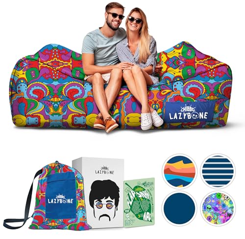 Chillbo Inflatable Couch – Unique Designs - No-Pump Setup, Ripstop Polyester, Stability Pegs, Fun Prints - Portable Air Inflatable Lounger for Beach, Camping, Festivals, and Tailgating - color: 60s Psychedelic, size: X-Large