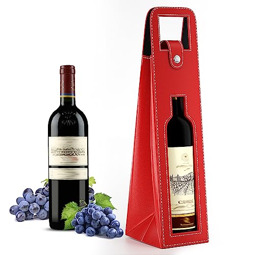 RYDDOY Wine Gift Bag, Reusable Leather Wine Tote Carrier, Single Bottle Champagne Beer Gift Bags Carrier for Birthday, Wedding, Picnic Party, Christmas festival Gifts (Red) - color: B-Red-16.1×3.5×3.5