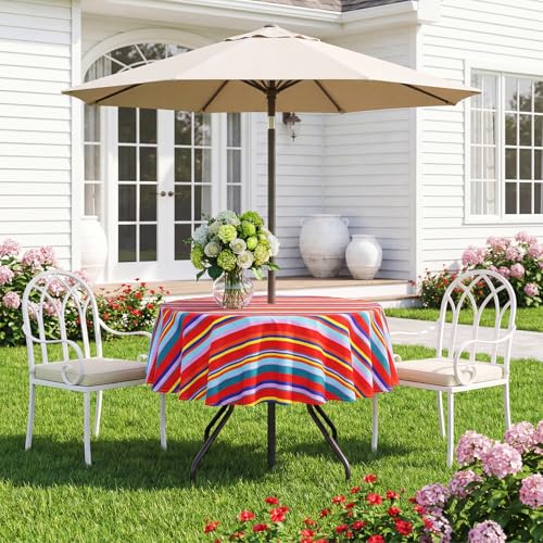 SquarePie Round Outdoor Tablecloth with Umbrella Hole - 70 Inch Water Resistant & Spillproof Table Cloth,Zippered Patio Picnic Table Cover for Spring/Summer/Camping/Picnic/BBQs/Backyard,Color Stripe - color: Color Stripe, size: 70" (Round)