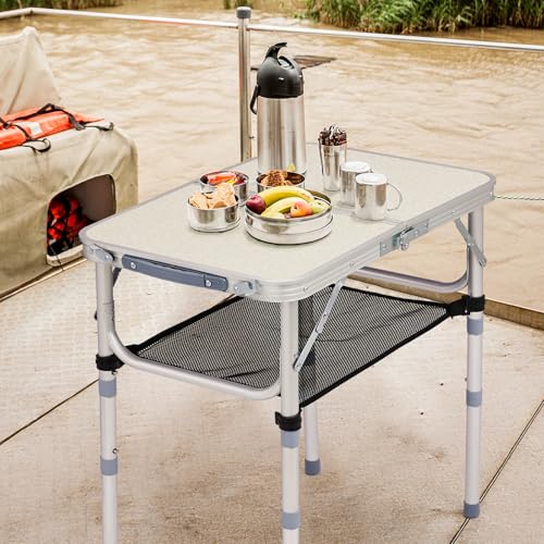 Outdoor Folding Camping Table, 2ft Portable Pinic Table with 3 Adjustable Height, Small Aluminum Foldable Lightweight Patio Side Table with Carry Handle for Outdoor Indoor Hiking Camp BBQ Beach, White