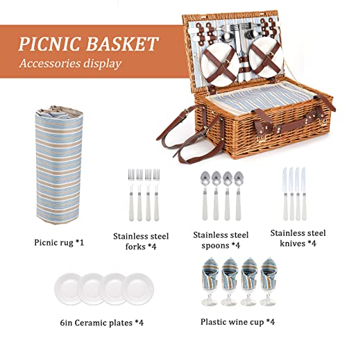 Picnic Basket for 4 Persons with Waterproof Picnic Blanket and Insulated Cooler, Large Wicker Picnic Basket for Camping, Outdoors, Valentine's Day, Christmas, Birthday, Wedding Gift - color: Green Stripes