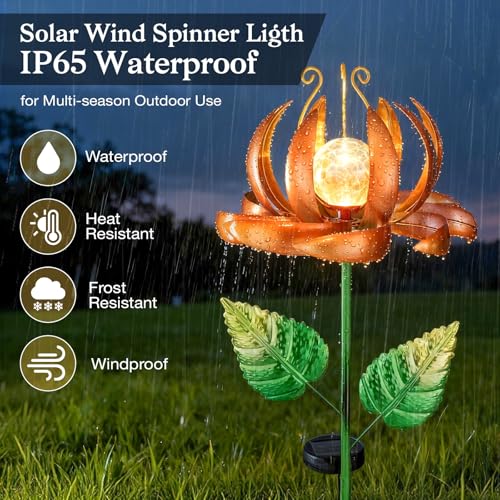 Solar Yard Lights Wind Spinners- Metal Lotus Flower Garden Decor LED Crackle Glass Globe Yard Art Sculpture Solar Stake Lights for Patio Pathway Lawn Walkway (Yellow-Large) - color: Yellow-large