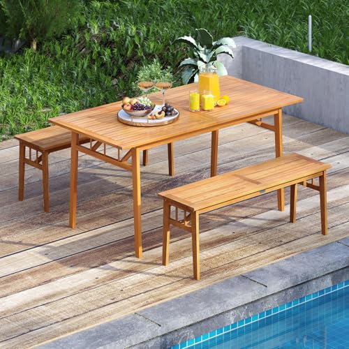 Tangkula 3 Pieces Patio Dining Set, Acacia Wood Space Saving Outdoor Rectangular Picnic Table with 1.97” Umbrella Hole and 2 Benches, for Yard, Garden and Poolside - size: 3 pieces