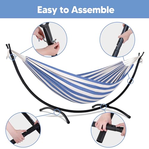 SUNCREAT Backyard Hammock with Frame, Hammock Frames for Outside, 475 lbs Capacity, Blue & White Stripes - color: Blue White